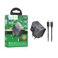 Сетевое зарядное устройство USB/Type-C Hoco CS74A (45W, QC3.0, PD, 2 порта, кабель Type-C-Type-C) Черный
