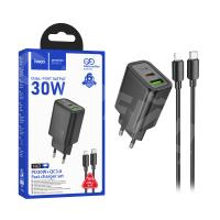 Сетевое зарядное устройство USB/Type-C Hoco N63 (30W, QC3.0, PD, 2 порта, GaN, кабель Type-C-Lightning) Черный
