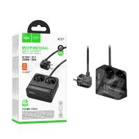 Сетевой фильтр с портами Hoco AC27 (2500W, QС3.0, PD, 2 розетки + 1 порт USB, 2 порта Type-C, 2 м) Черный
