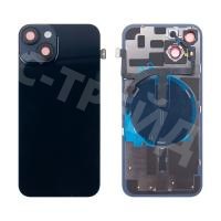 Задняя крышка для iPhone 14 (A2883) в сборе со стеклом камеры Черный (стекло, монолит, MagSafe с оригинальным шлейфом, логотип) - Премиум