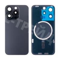 Задняя крышка для iPhone 15 Pro (A3102) в сборе со стеклом камеры Черный (стекло, монолит, MagSafe, логотип) - Премиум