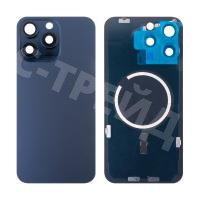 Задняя крышка для iPhone 15 Pro Max (A3106) в сборе со стеклом камеры Синий (стекло, монолит, MagSafe, логотип) - Премиум