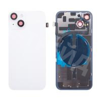 Задняя крышка для iPhone 14 (A2883) в сборе со стеклом камеры Белый (стекло, монолит, MagSafe с оригинальным шлейфом, логотип) - Премиум