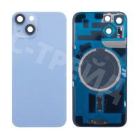 Задняя крышка для iPhone 14 (A2883) в сборе со стеклом камеры Синий (стекло, монолит, MagSafe, логотип) - Премиум
