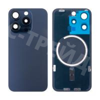 Задняя крышка для iPhone 15 Pro (A3102) в сборе со стеклом камеры Синий (стекло, монолит, MagSafe, логотип) - Премиум