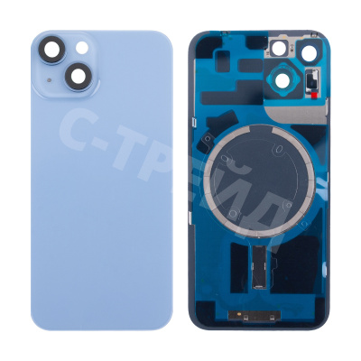 Задняя крышка для iPhone 14 (A2883) в сборе со стеклом камеры Синий (стекло, монолит, MagSafe, логотип) - Премиум