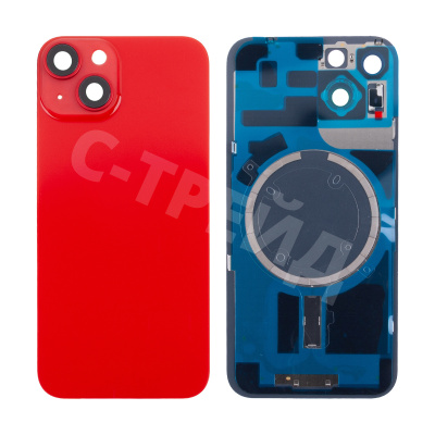 Задняя крышка для iPhone 14 (A2883) в сборе со стеклом камеры Красный (стекло, монолит, MagSafe, логотип) - Премиум