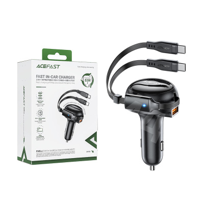 Автомобильное зарядное устройство USB/Type-C Acefast B13 (53W, QC3.0, PD, 1USB, 2 встроенных кабеля Type-C) Черный
