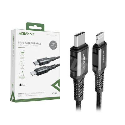 Кабель Type-C - Lightning Acefast C1-01 (3A, 30W, PD, MFI, оплетка нейлон, 1.2 м) Черный