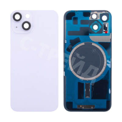 Задняя крышка для iPhone 14 (A2883) в сборе со стеклом камеры Фиолетовый (стекло, монолит, MagSafe, логотип) - Премиум
