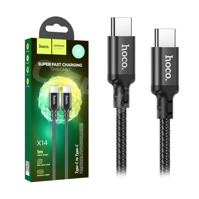 Кабель Type-C - Type-C Hoco X14 (3A, 60W, PD, оплетка нейлон) Черный