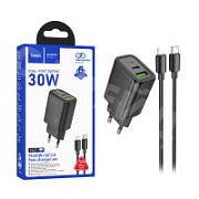 Сетевое зарядное устройство USB/Type-C Hoco N63 (30W, QC3.0, PD, 2 порта, GaN, кабель Type-C-Lightning) Черный