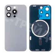 Задняя крышка для iPhone 15 Pro (A3102) в сборе со стеклом камеры Серый (стекло, монолит, MagSafe, логотип) - Премиум