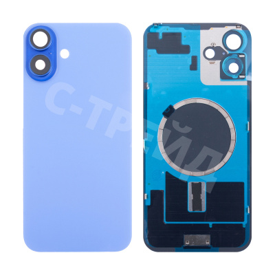 Задняя крышка для iPhone 16 Plus (A3290) в сборе со стеклом камеры Голубой (стекло, монолит, MagSafe, логотип) - Премиум