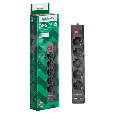 Сетевой фильтр с портами Defender DFS 753 (5 розеток + 2 порта, 3 м) Черный