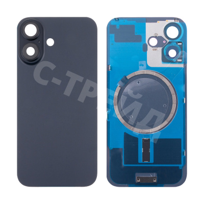Задняя крышка для iPhone 16 (A3287) в сборе со стеклом камеры Черный (стекло, монолит, MagSafe, логотип) - Премиум