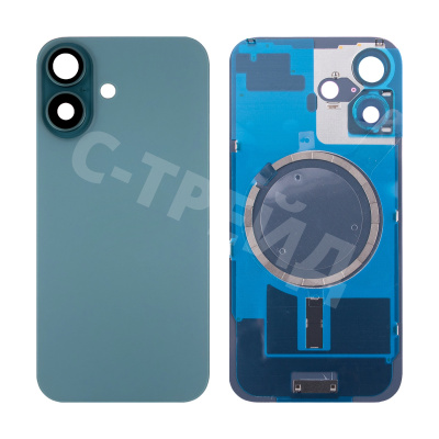 Задняя крышка для iPhone 16 (A3287) в сборе со стеклом камеры Бирюзовый (стекло, монолит, MagSafe, логотип) - Премиум