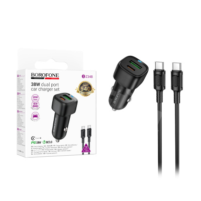 Автомобильное зарядное устройство USB/Type-C Borofone BZ34B (38W, QC3.0, PD, 1Type-C, 1USB, кабель Type-C-Type-C) Черный