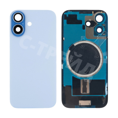 Задняя крышка для iPhone 17 (A3520) в сборе со стеклом камеры Голубой (стекло, монолит, MagSafe, логотип) - Премиум