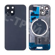 Задняя крышка для iPhone 15 (A3090) в сборе со стеклом камеры Черный (стекло, монолит, MagSafe, логотип) - Премиум