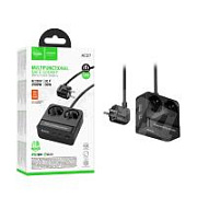 Сетевой фильтр с портами Hoco AC27 (2500W, QС3.0, PD, 2 розетки + 1 порт USB, 2 порта Type-C, 2 м) Черный