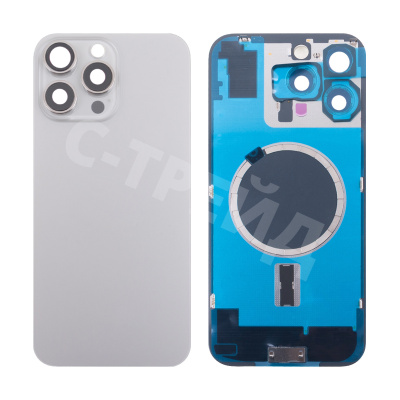 Задняя крышка для iPhone 16 Pro Max (A3296) в сборе со стеклом камеры Серый (стекло, монолит, MagSafe, логотип) - Премиум