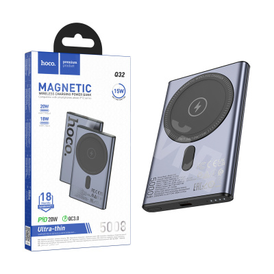Внешний Аккумулятор (Power Bank) Hoco Q32 5000 mAh (20W, PD, беспроводная зарядка 15W, MagSafe, Type-C) Серый