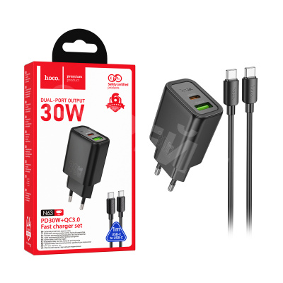 Сетевое зарядное устройство USB/Type-C Hoco N63 (30W, QC3.0, PD, кабель Type-C-Type-C, GaN) Черный