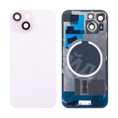 Задняя крышка для iPhone 15 (A3090) в сборе со стеклом камеры Розовый (стекло, монолит, MagSafe, логотип) - Премиум