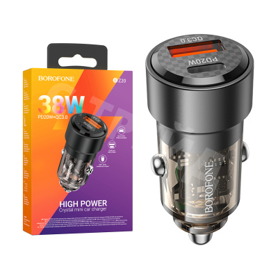Автомобильное зарядное устройство USB/Type-C Borofone BZ20 (38W, QC3.0, PD, 1Type-C, 1USB, прозрачный корпус) Черный