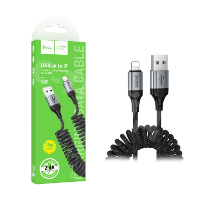 Кабель USB - Lightning Hoco X121 (2.4А, 1.5 м, пружина) Черный