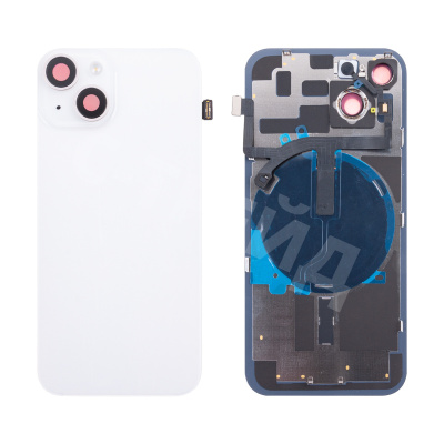Задняя крышка для iPhone 14 (A2883) в сборе со стеклом камеры Белый (стекло, монолит, MagSafe с оригинальным шлейфом, логотип) - Премиум