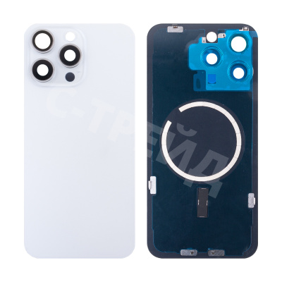 Задняя крышка для iPhone 15 Pro Max (A3106) в сборе со стеклом камеры Белый (стекло, монолит, MagSafe, логотип) - Премиум