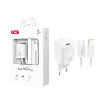 Сетевое зарядное устройство Type-C XO L148 (30W, PD, кабель Type-C-Lightning) Белый