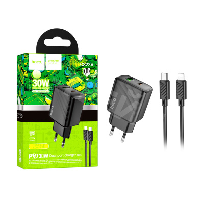 Сетевое зарядное устройство USB/Type-C Hoco CS23A (30W, QC3.0, PD, 2 порта, кабель Type-C-Lightning) Черный