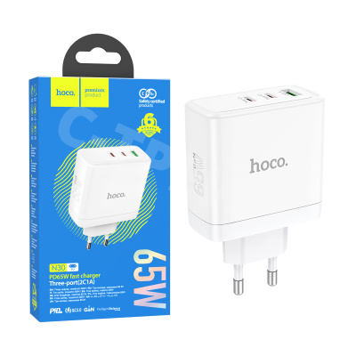 Сетевое зарядное устройство USB/Type-C Hoco N30 (65W, QС3.0, PD, 3 порта, GaN) Белый