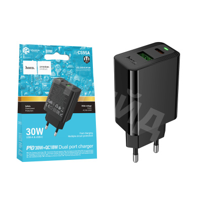 Сетевое зарядное устройство USB/Type-C Hoco CS95A (30W, QC3.0, PD, 2 порта) Черный