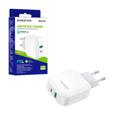 Сетевое зарядное устройство USB/Type-C Borofone BA46A (18W, QC3.0, PD, 2 порта) Белый