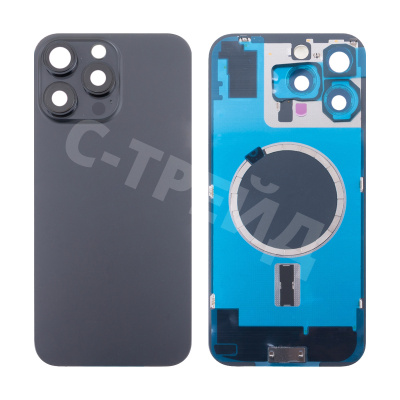 Задняя крышка для iPhone 16 Pro Max (A3296) в сборе со стеклом камеры Черный (стекло, монолит, MagSafe, логотип) - Премиум