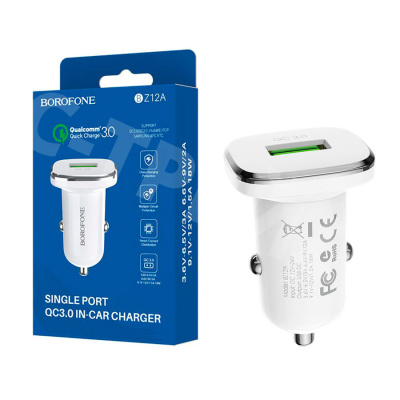 Автомобильное зарядное устройство USB Borofone BZ12A (18W, QC3.0, 1USB) Белый