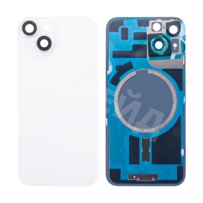 Задняя крышка для iPhone 14 (A2883) в сборе со стеклом камеры Белый (стекло, монолит, MagSafe, логотип) - Премиум