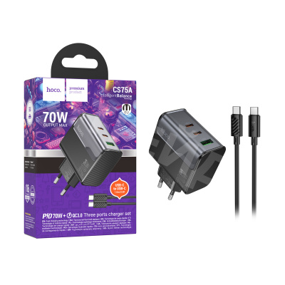 Сетевое зарядное устройство USB/Type-C Hoco CS75A (70W, QC3.0, PD, 3 порта, кабель Type-C-Type-C) Черный