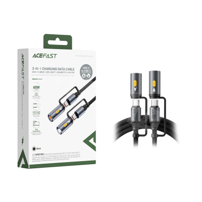 Кабель Type-C - 3 в 1 (Type-C+прикуриватель+LED подсветка) Acefast J4 (3A, 60W, оплетка нейлон, 1,2 м) Черный