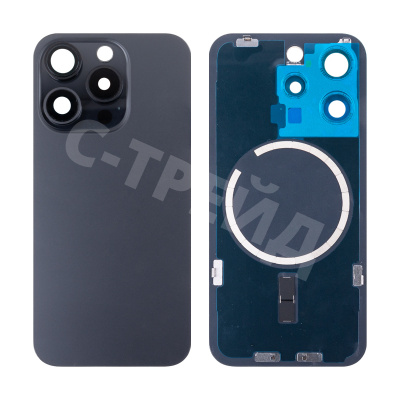 Задняя крышка для iPhone 15 Pro (A3102) в сборе со стеклом камеры Черный (стекло, монолит, MagSafe, логотип) - Премиум
