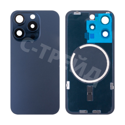 Задняя крышка для iPhone 15 Pro (A3102) в сборе со стеклом камеры Синий (стекло, монолит, MagSafe, логотип) - Премиум
