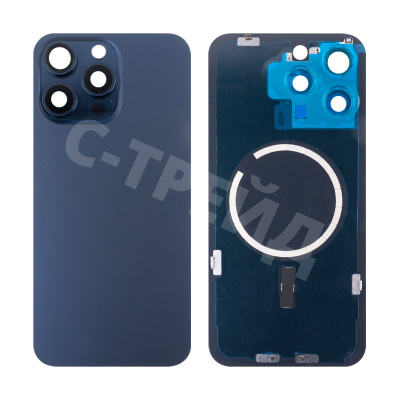 Задняя крышка для iPhone 15 Pro Max (A3106) в сборе со стеклом камеры Синий (стекло, монолит, MagSafe, логотип) - Премиум