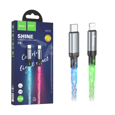 Кабель Type-C - Lightning Hoco U112 (3A, 20W, PD, прозрачный, светодиодный) Серый