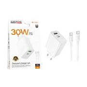 Сетевое зарядное устройство USB/Type-C Borofone BA108A (30W, QC3.0, PD, 2 порта, кабель Type-C-Type-C) Белый