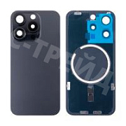 Задняя крышка для iPhone 15 Pro (A3102) в сборе со стеклом камеры Черный (стекло, монолит, MagSafe, логотип) - Премиум