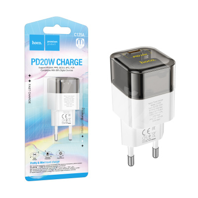 Сетевое зарядное устройство Type-C Hoco C125A (20W, PD, прозрачный корпус) Черный